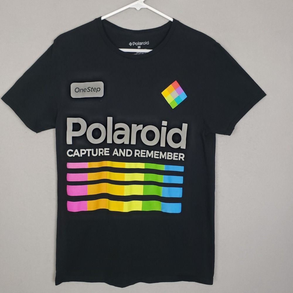 Polaroid Camera Retro Logo Tee Shirt Black Rainbow Capture & Remember Size M